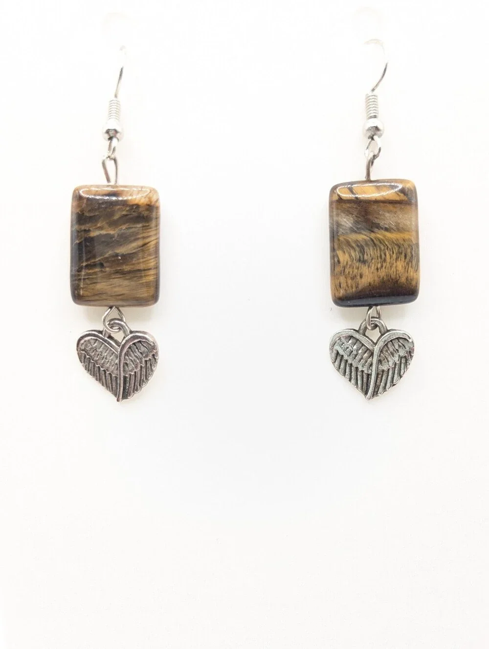 Tiger's Eye Heart Charm Dangle Earrings | Silver Tone Fish Hook Earrings | 2